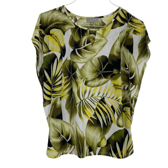 Laura Green and Yellow Botanical Leaf print flutter sleeve blouse keyhole neck S - Picture 1 of 12